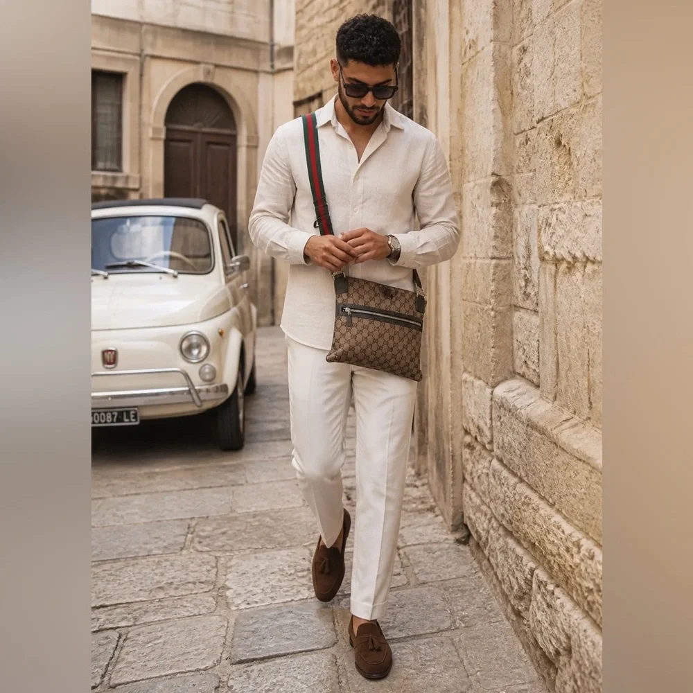 Gucci Beige Brown GG Canvas Messenger Bag with Green-Red Strap
